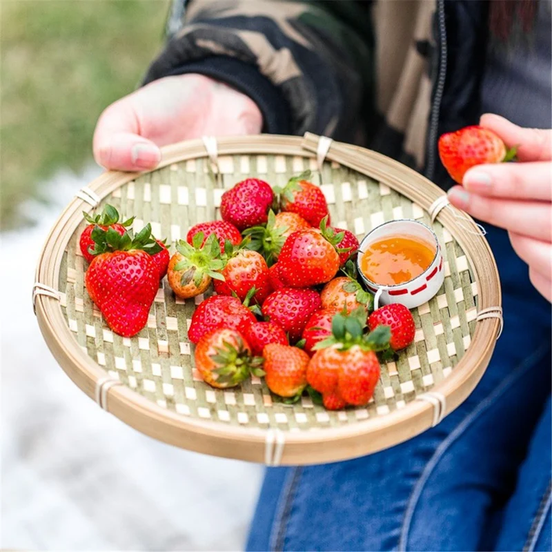 2 Pcs Bamboo Round Fruit Plate Handmade Storage Tray Hand Knitting Bread Basket Food Fruit Basket Hotel Hotel Dining Tray Diamet