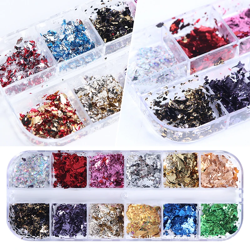 12 цветов/коробка, 3D наклейки для ногтей, цветные металлические наклейки для ногтей, Необычные Блестки для ногтей, блестки, украшения для ногтей