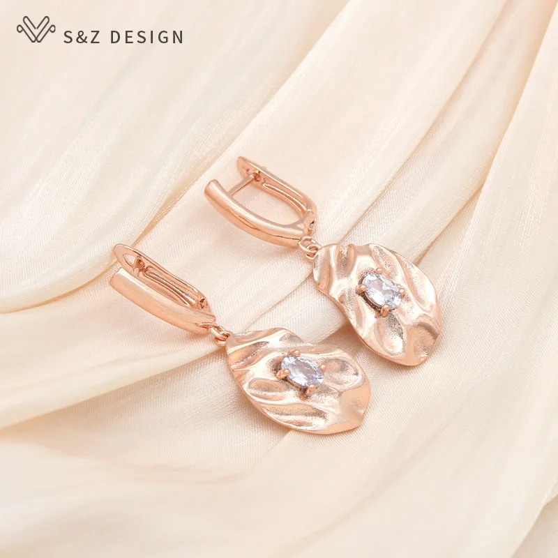 S&Z DESIGN New Fashion Geometric 585 Rose Gold Color Natural Zircon Dangle Earrings For Women Wedding Party Jewelry Gift