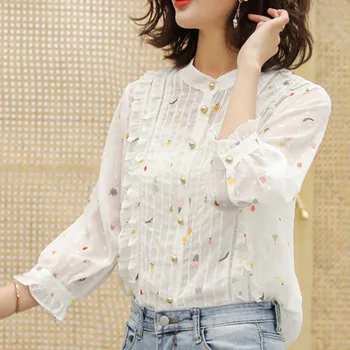 

XUXI 2020 Women New Shirt Summer Floral Chiffon Top Kawaii Lace White Tshirt Seven Points Sleeve Vintage Camisas Mujer FZ1348