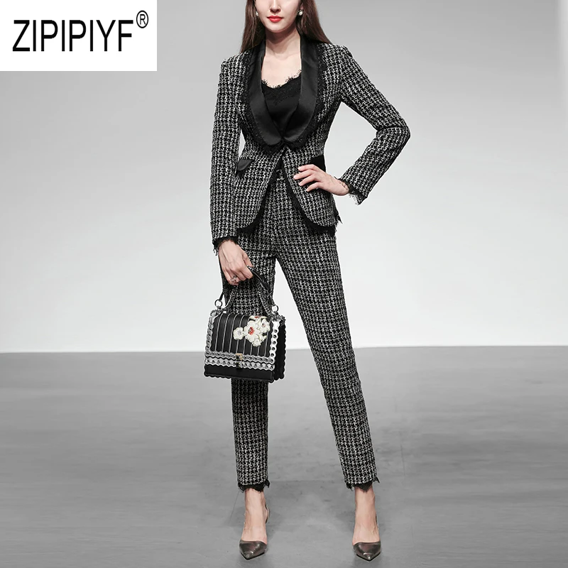 

2019 Autumn Fashion Women Sets Lace Patchwork Turn Down Neck Long Sleeve Plaid Pattern Blazer Top Long Office Lady Pants Z2420