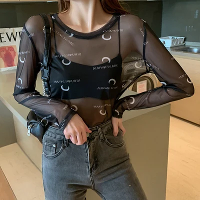 Disney 2021 Summer Famous Anime Mickey Mouse Brand Mesh Shirt Women Sun Protection Transparent Long Sleeve Blouse Ladies T-shirt 3173 Black