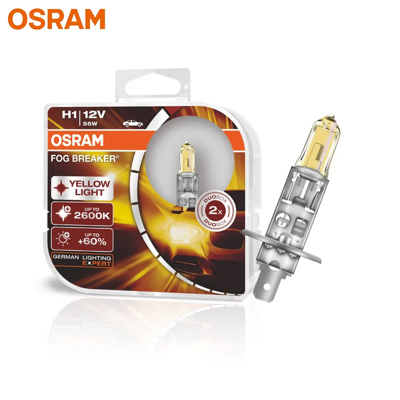 

OSRAM H1 Yellow 62150FBR Halogen Fog Breaker 12V 55W Car Original Headlight 2600K Light +60% Brighter Auto Genuine Lamps, Pair