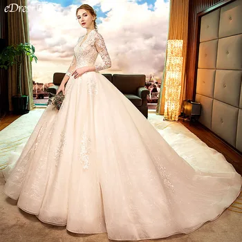 شراءالجوف خارج فستان الزفاف أنيقة الخامس الرقبة الدانتيل فستان الزفاف الملكي قطار Vestido De Novia مشد للفستان رداء دي Mairee OY-D5861