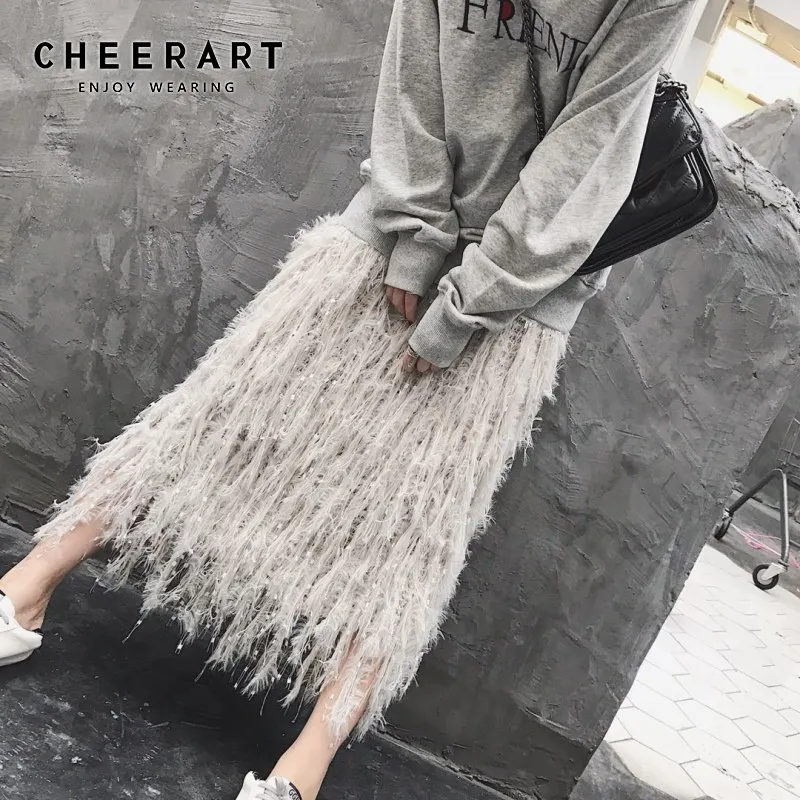 Осенняя вязаная юбка Cheerart дизайнерская свитер с перьями серая трапециевидная