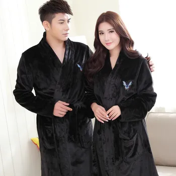 

Exquisite Embroidery Flannel Lovers Robe Kimono Gown Winter Keep Warm Men Sleepwear Nightwear Casual Soft Homewear Bath Gown