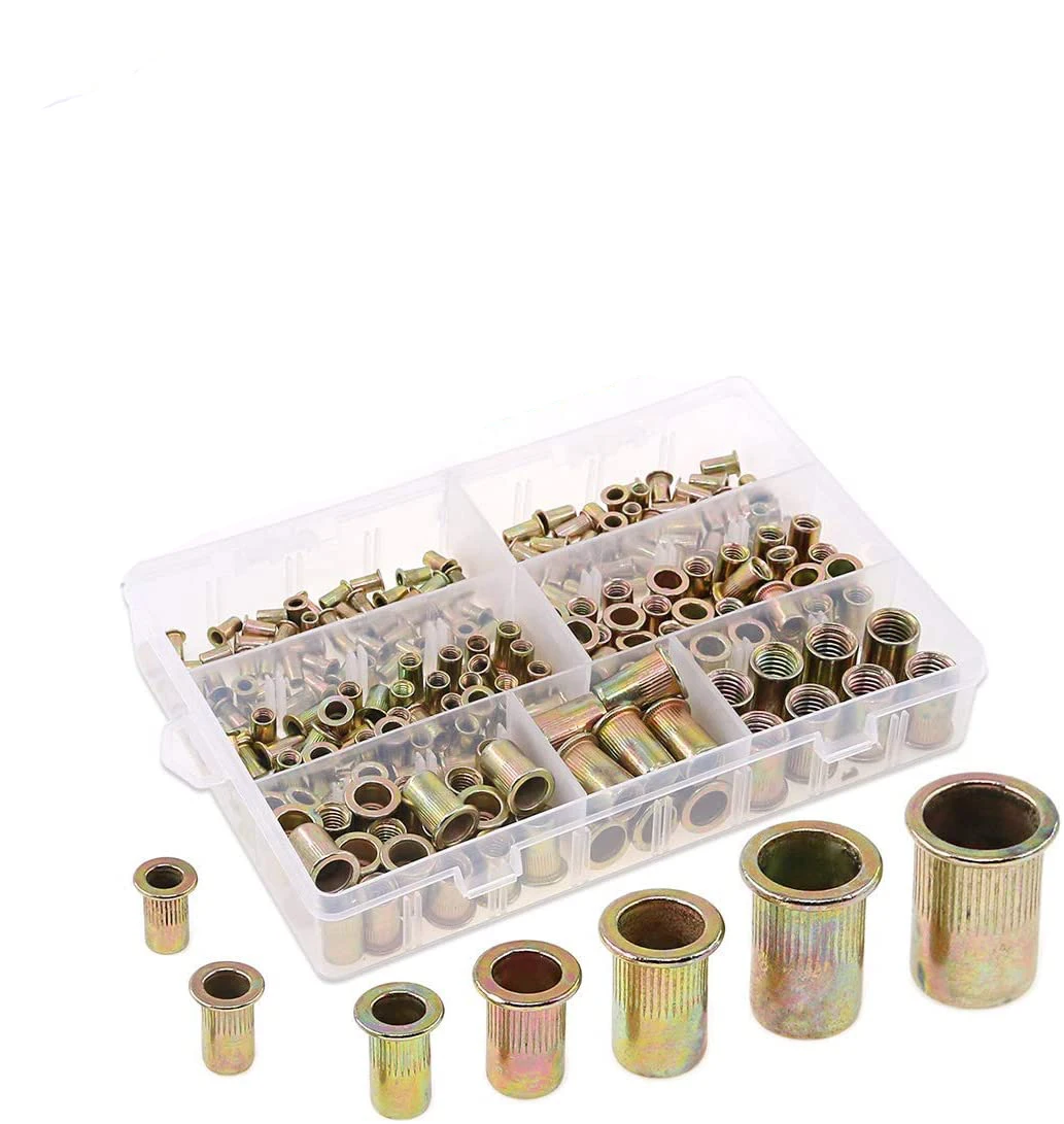 Metric M3+M4+M5+M6+M8+M10+M12 Carbon Steel Zinc Plated Rivet Nuts Flat Head Riveting Tool home improvement 120/170/220Pcs