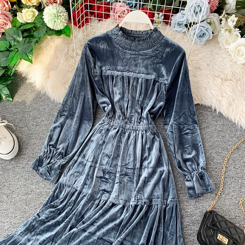 Корейское женское винтажное платье с длинным рукавом однотонное ТРАПЕЦИЕВИДНОЕ