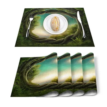 

Jungle Trees Fantasy Starry Moon Placemat Washable Cotton Linen Table Cloth Pad Mat Rectangle Placemats Heat Resistant