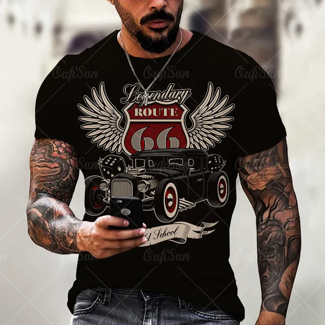 Summer New Mens T Shirts Oversized Loose Clothes Vintage Short Sleeve Fashion America Route 66 Letters Printed O Collared Tshirt OFSM-00736