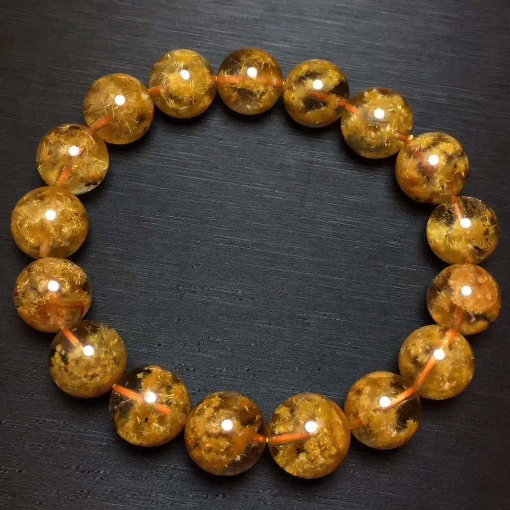

Top Natural Gold Rutilated Quartz Sun Flower Bracelet Woman Man Crystal 12.5mm Clear Round Beads Jewelry AAAAA Certificate