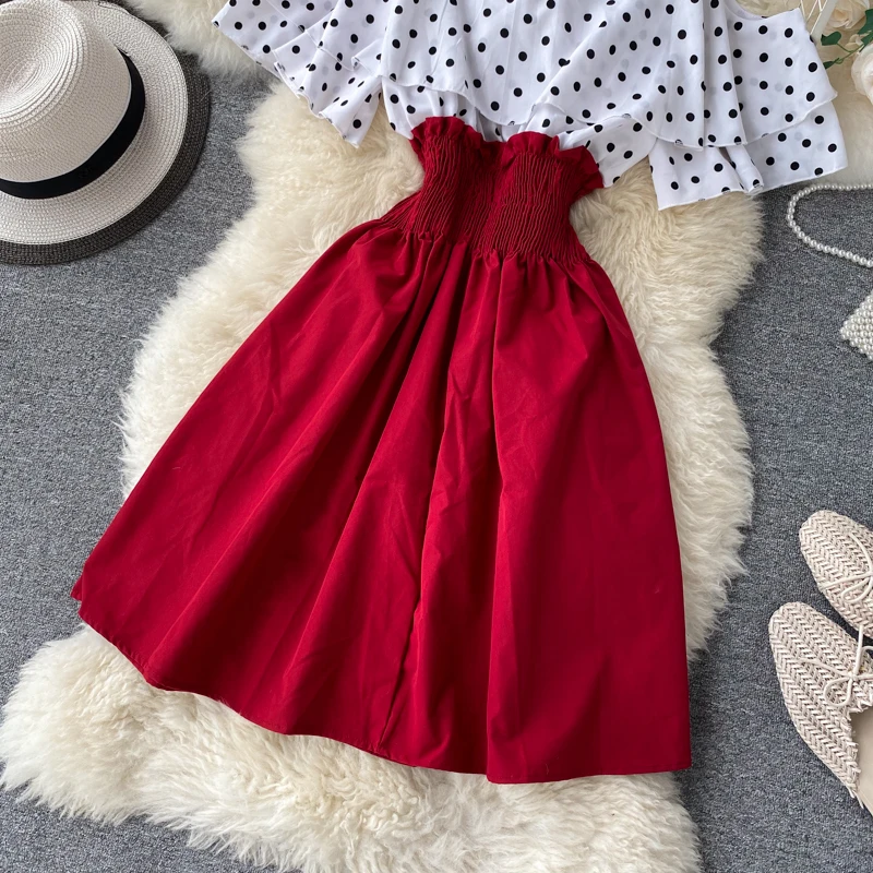 Boho Ruffles sexy Off shoulder polka dot print patchwork Summer short Dress Women slim waist dress casual a-line beach dress