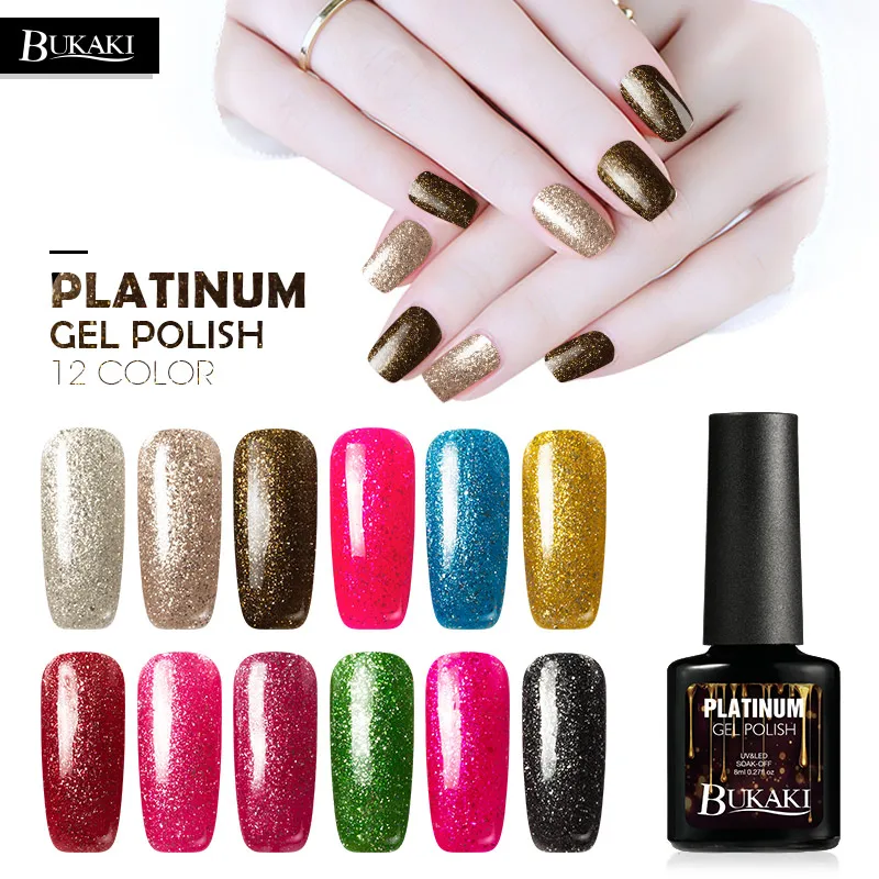 

BUKAKI 8ml Glitter Nail Gel Polish 12 Colors Soak Off Shiny UV Gel Varnish Need Top Base Coat Gel Lacquer