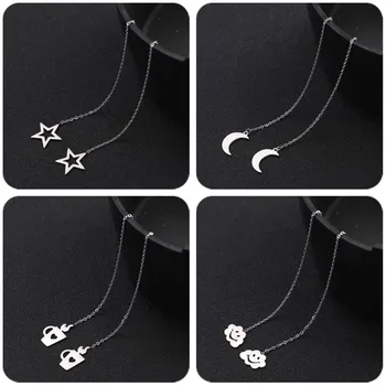 

Star Moon Heart Geometric Charm Pendant Chain Earrings Stainless Steel Long Line Tassel Earrings Simple Ear Jewelry For Women