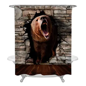

Shower Curtain, 3D Art Print Wildlife Bear Coming Out of The Brick Wall Vivid Ornaments Brown Curtain Polyester Water Fabric