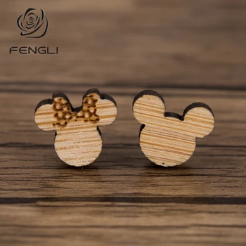 

FENGLI Asymmetry Cute Mickey Stud Earrings for Women Wooden Minnie Romantic Earring Mouse Small Jewelry Girl Lady Birthday Gift