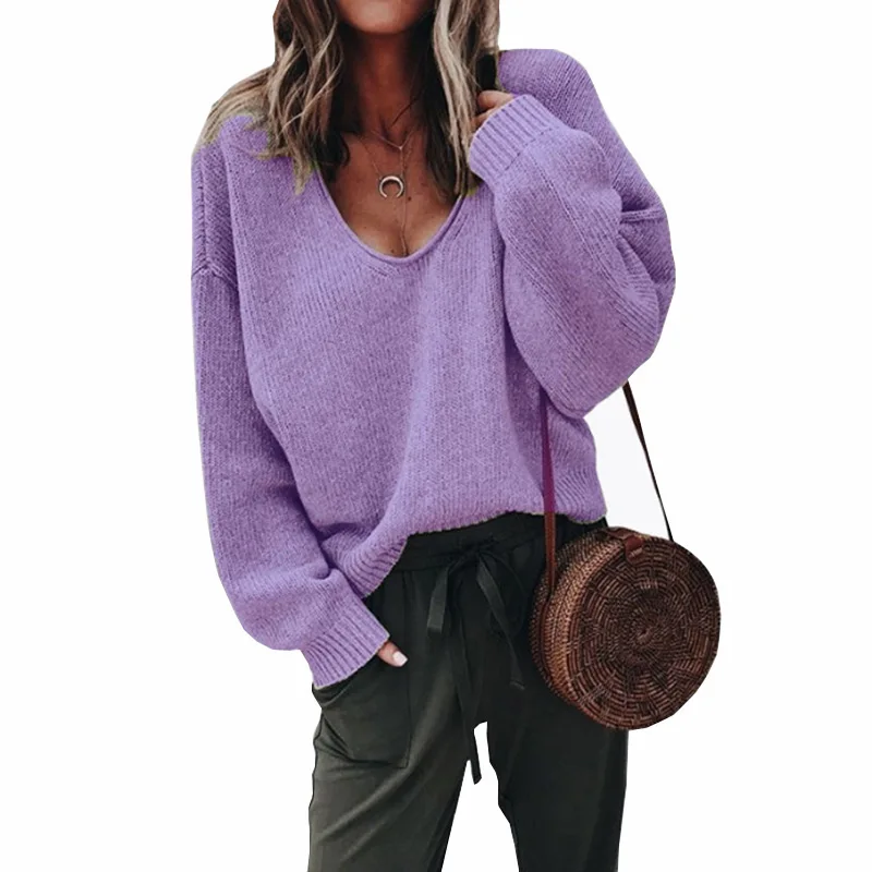 

Large size women's sweater 2019 new solid color V-neck long-sleeved sweater leisure loose sweater women's sweater