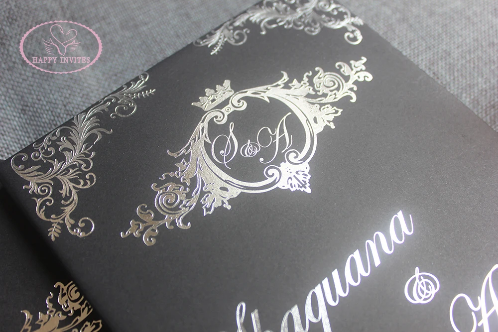 HI1156-03 Custom Black & White Hardcover  Wedding Card with Silver Foil and Acrylic Invitation with Black Letters Made in China