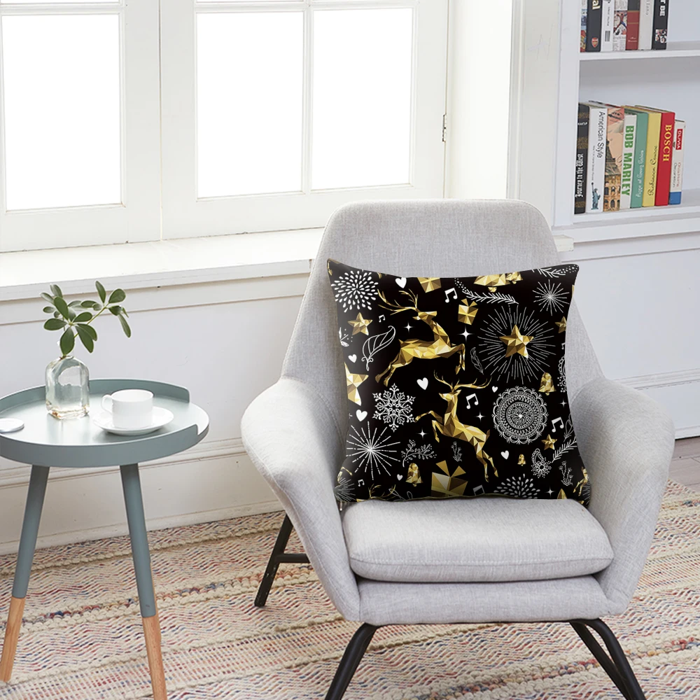 pillow cover Веселый Рождественский узор, наволочка для подушки, черный цвет, печать золотой фольги, чехол для подушки, декоративные подушки с узором для дома - Цвет: pillow cover