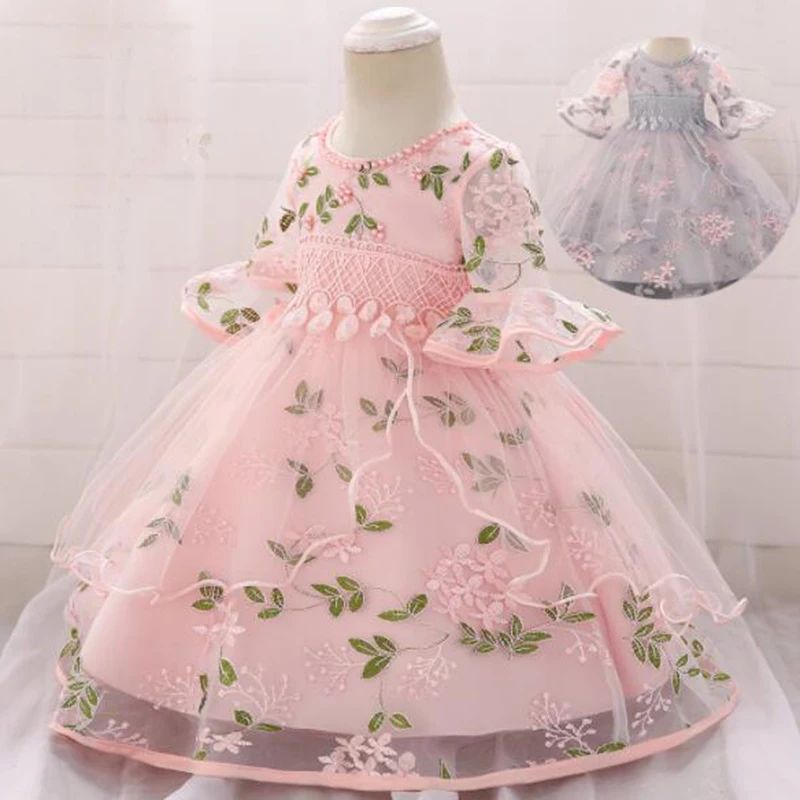 

Infant Girl Embroidery Dress Lace Tulle Baptism Dresses for Girls 1 Year Birthday Beading Appliqued Party Wedding Baby Clothing