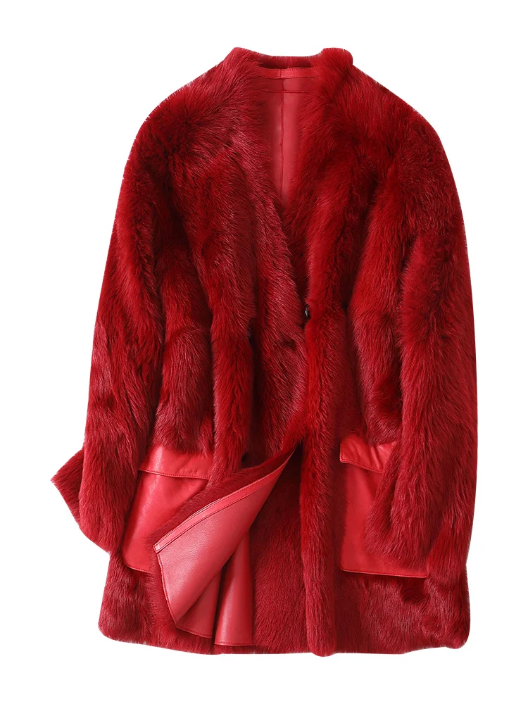 New Style Real Fur Coat Women Winter Natural Wool Sheep Fur Coat Women Warm Real Fur Jacket V-neck Collar Female Overcoat
