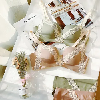 

Wriufred Sweet lace underwear female one-piece seamless steel ring lingerie set comfortable gathered adjustable bra set