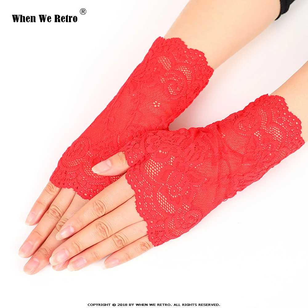 Когда мы Ретро элегантные вечерние женские кружевные перчатки без пальцев QY0471 солнцезащитные короткие рукавицы кружевные перчатки ажурные лето - Цвет: Red