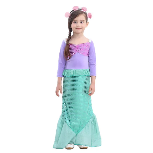 dress and headband Платье русалки с длинными рукавами для девочек; детская одежда для костюмированной вечеринки; Детский костюм для дня рождения; вечернее платье; повязка на голову; комплект одежды для детей - Цвет: dress and headband