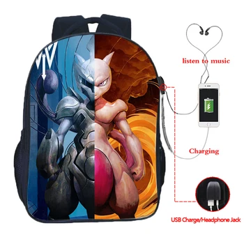 

USB Charge Backpack Mega Charizard Split Students Boys Girls Knapsack Men Women Travel Laptop Rucksack