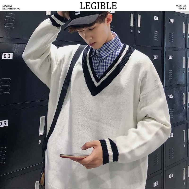 Разборчивый осенний хип-хоп лоскутный свитер для мужчин, повседневные свободные мужские свитера с v-образным вырезом, вязаные пуловеры для мужчин