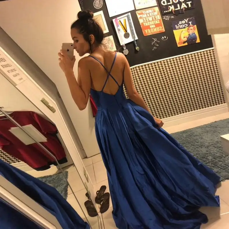 Dlass Store Navy Blue Evening Dresses A Line Spaghetti Strapless Robe De Soirée Femme Long Backless Latest plus size gowns