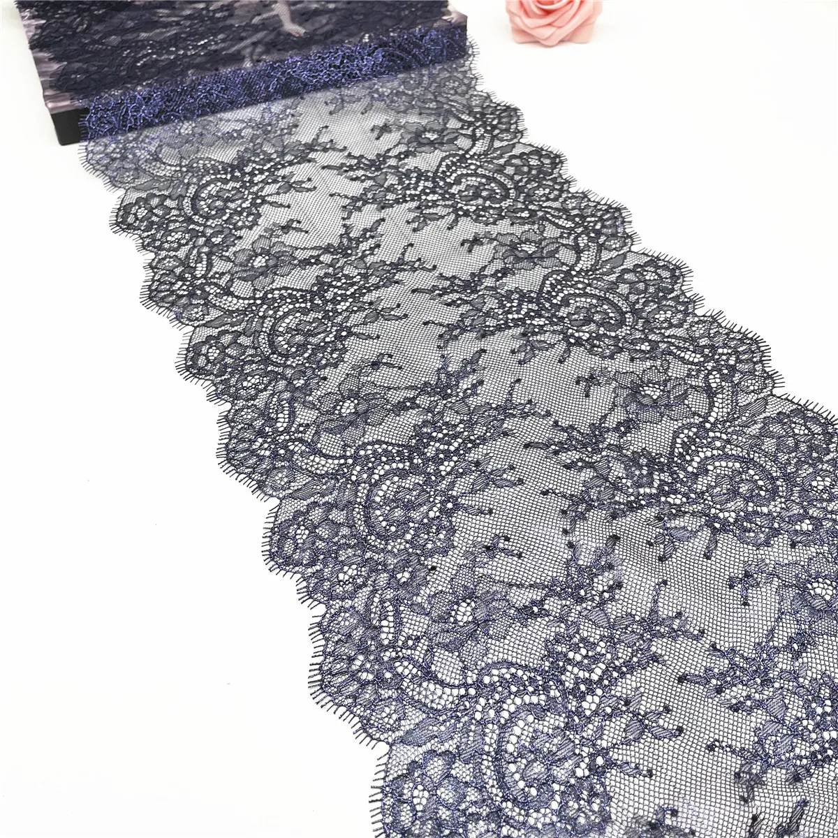 1.5M/pc Width9 3/4 inch 25cm Dark Blue Shimmer No-elastic Eyelash Lace Trim Foil 1