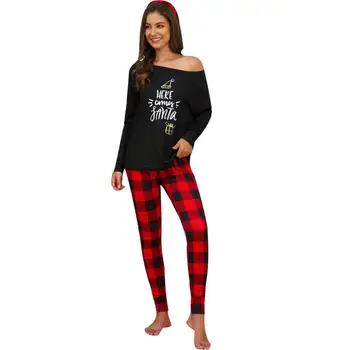 

2019 Christmas ladies autumn and winter casual plaid pants printed long-sleeved shirt suit pajamas home service