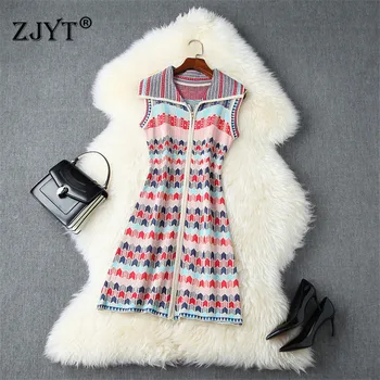 

Summer Fashion Runway Womens Clothing 2020 New Turn Down Collar Sleeveless Geometric Patterns Zipper Knitted Dresses