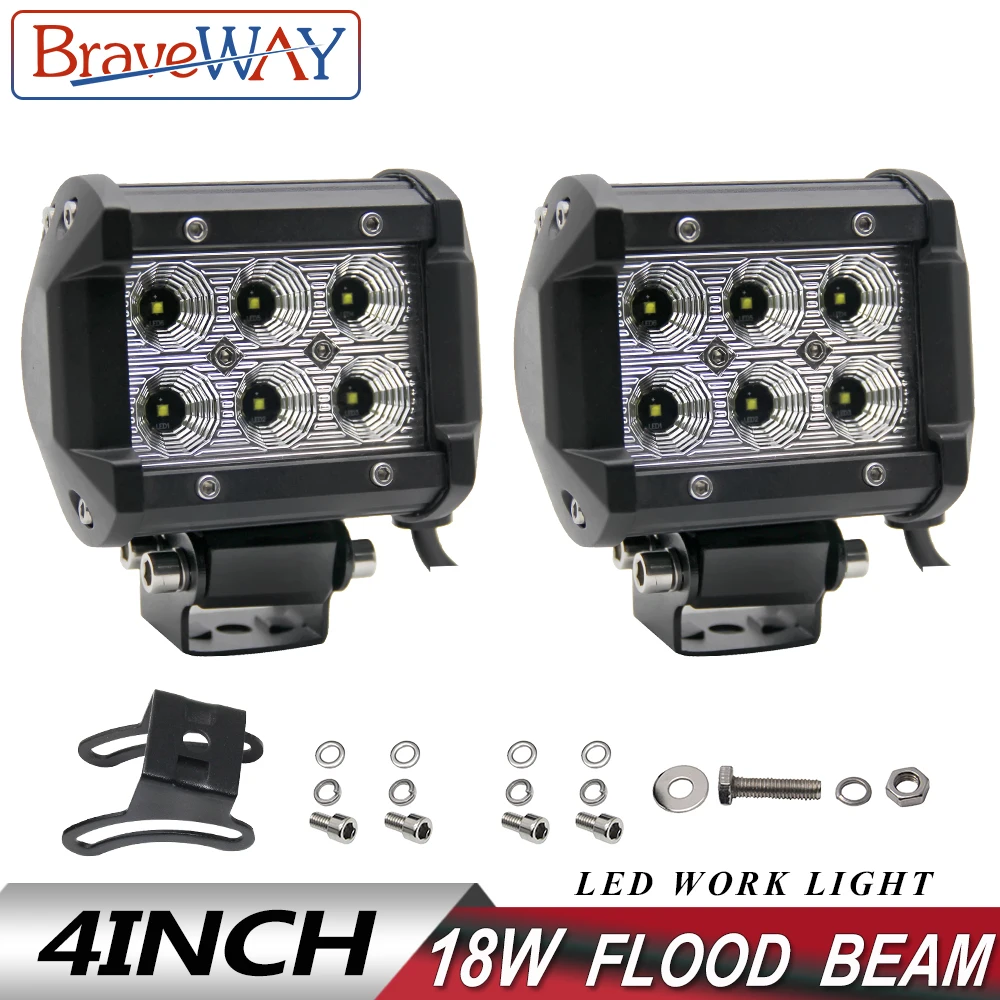 

BraveWay Car Led Work Light Bar 4" 18W LED Flood Spot Work Lamp Fog Light for Driving Jeep ATV SUV Truck Boat Tractor DRL12V 24V
