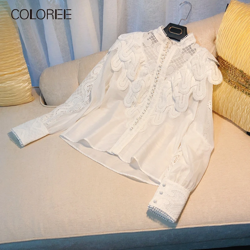 COLOREE Runway Women Blouse Autumn Winter Designer Long Sleeve White Tops Shirts Casual Ruffles Blouse Blusas High Quality