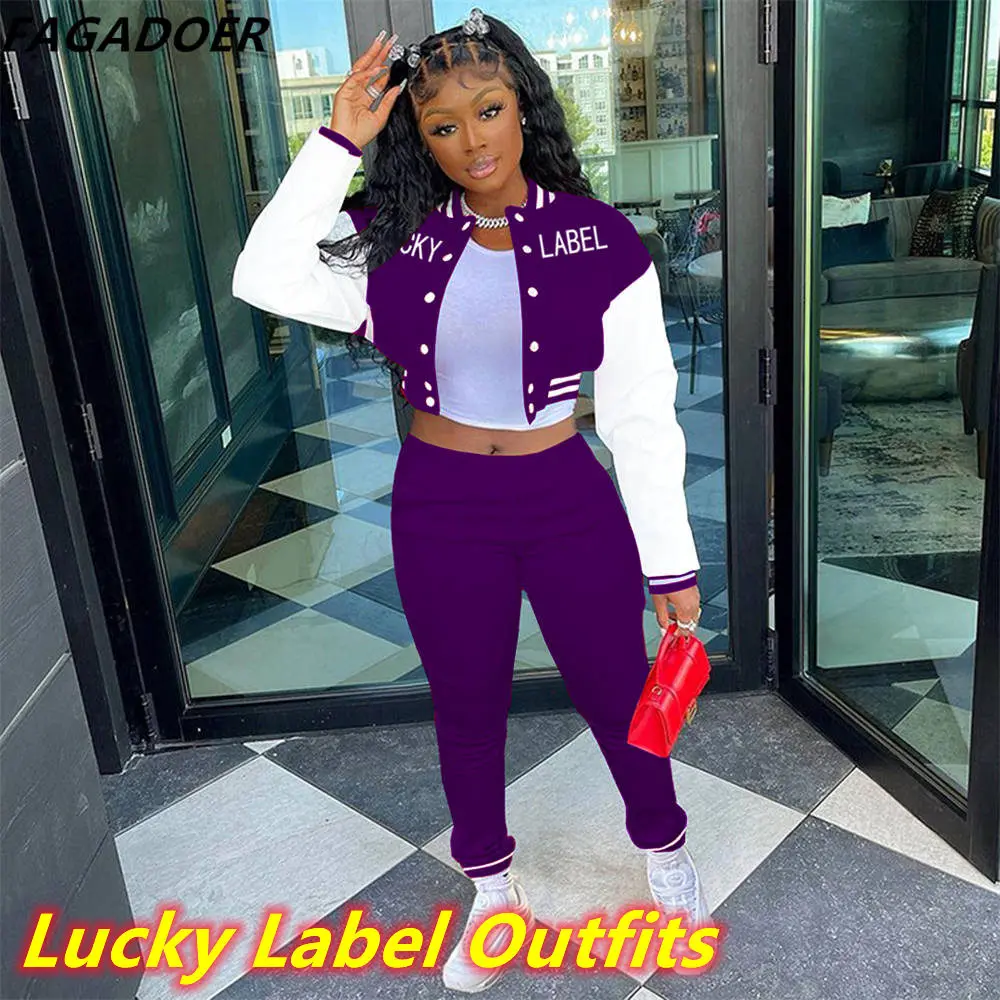 FAGADOER Autumn Winter Baseball Uniform New Women Button Letter Print Coat And Pants Tracksuits Casual 2pcs Outfits Streetwear women's sweat suits sets Suits & Blazers