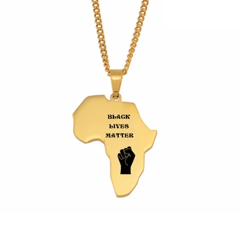 

Anniyo Black Lives Matter OR Black Life Matters Africa Map Necklaces Gold Color Afro Power Fist Pattern Jewelry #055521B