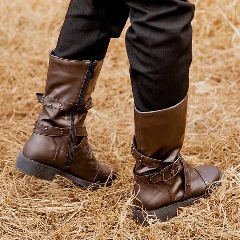 Женские ботинки до середины икры chaussure ботинки гладиаторские ботинки на низком каблуке из искусственной кожи pu размера плюс matin женская обувь zapatos mujer sapato H746