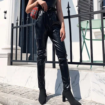 

Women Punk Style Pant Shining Leather Loose Trousers Women High Waist Elastic Empire Pants Club Street Leggings Autumn Trousers