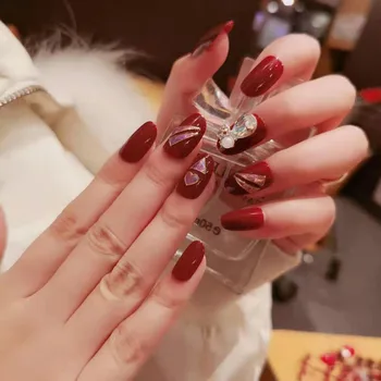 

24pcs Shiny Small Diamond Red fake nails press on Full Cover Long Round Head Acrylic False Nail Art Stickers with Glue TY