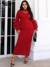 

Yesexy Plus Size Dresses For Women Elegant Maxi Sheer Mesh Layered Sleeve Split Dress Party 3XL 4XL Long Sexy Vestidos Clothing