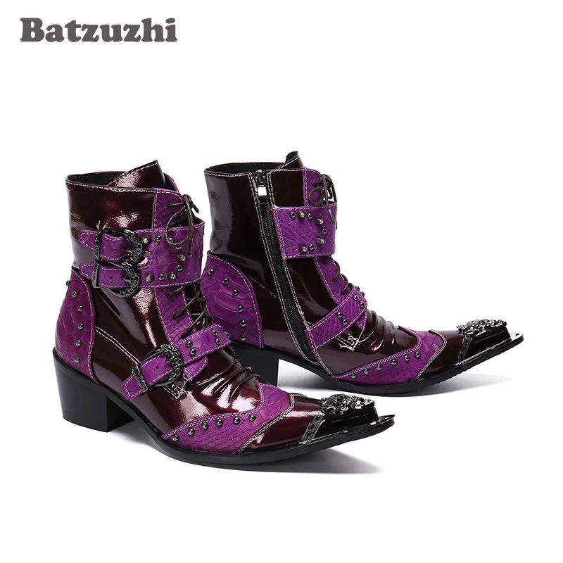 Batzuzhi 6.5cm Heels Punk Botas Hombre Ankle Genuine Leather Boots Men Pointed Metal Toe Motorcycle Men Boots Bota Masculina