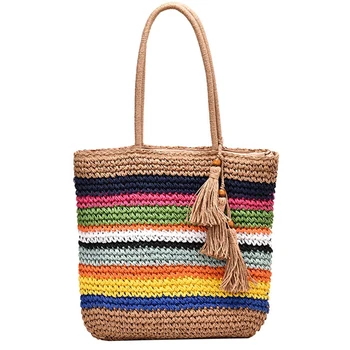 

Female Shopping Bag Large Capacity Tassel Tote Bag Rainbow Beach Shoulder Bag Fashion Woven Handbag