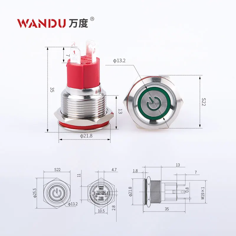 WD19mm кольцо Символ светильник 10A большой ток IP67 1NO металлический кнопочный