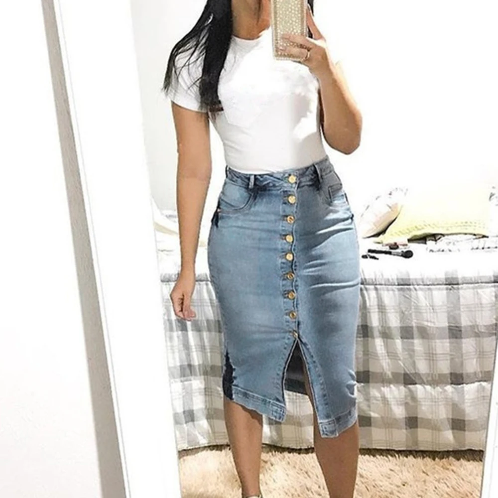 Denim Blue Женская джинсовая юбка миди с пуговицами, женские юбки с высокой талией, летние длиной до колена скинни, женская джинсовая юбка D25 - Цвет: Denim Blue