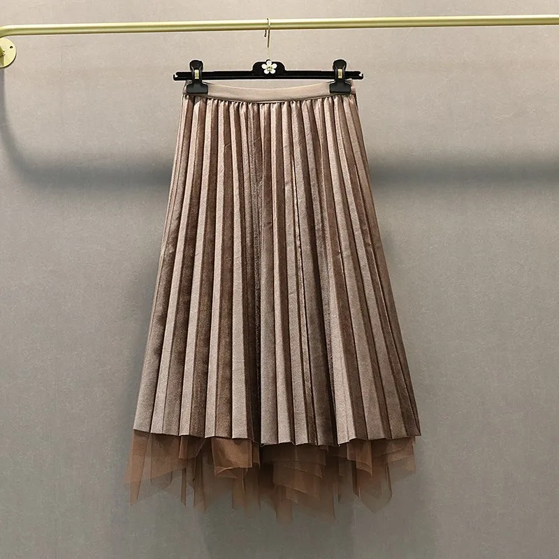 Golden Velvet Half-length Two-sided Yarn Skirt Female Autumn and Winter New High-waist Mesh Pleated Skirt - Цвет: 5