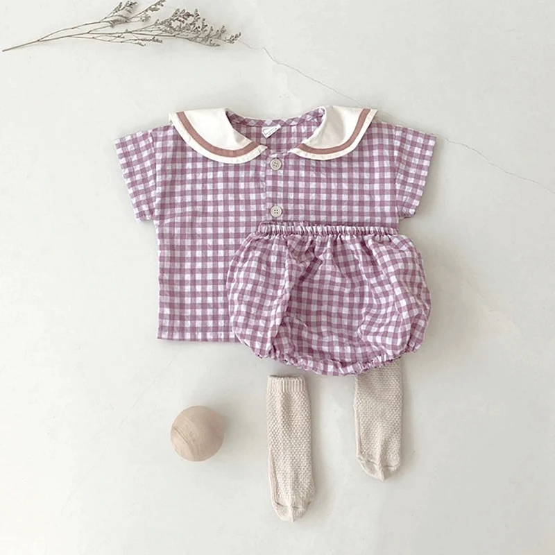 Cotton Baby Clothes Plaid Tees and Bloomer Sets