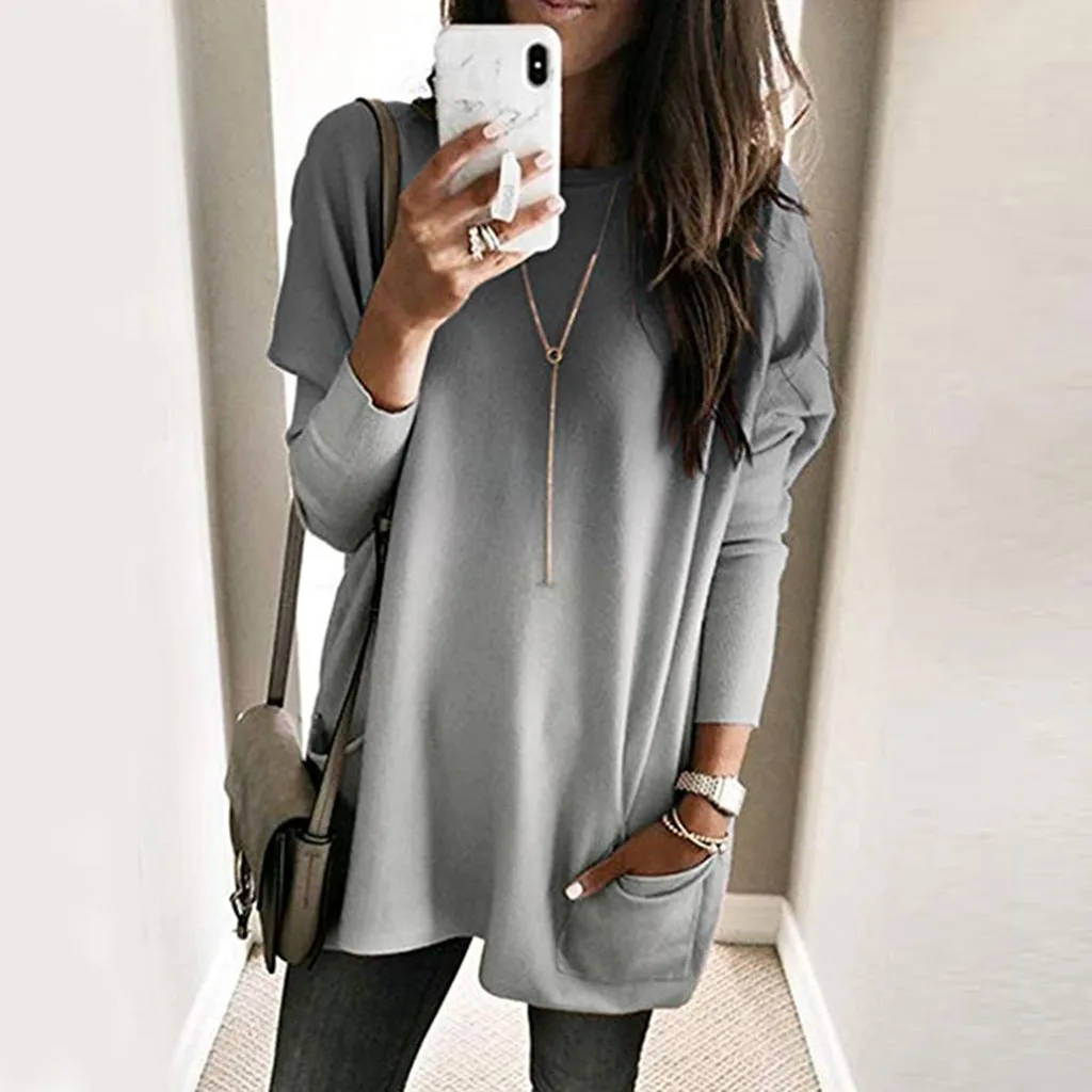 Poleras mujer de moda, camiseta mujer, женская футболка, контрастный цвет, длинный рукав, Круглый ворот, карман, Свободный Топ, рубашки, camisa