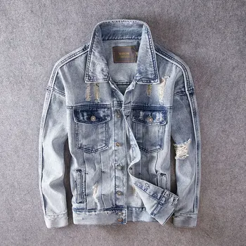 

Fashion Streetwear Men Jackets Retro Light Blue Destroyed Hip Hop Denim Jacket Men Cotton Coats Punk Style Ripped Chaqueta Homme